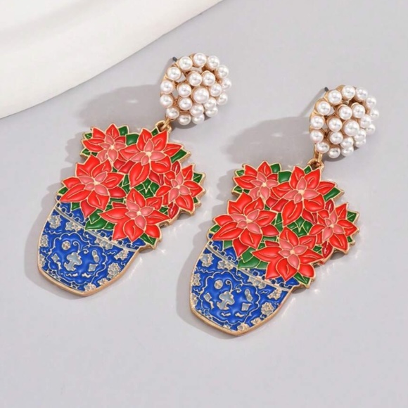 ❤️❤️ FREE Potted Plant Flower Pot Hipster Hippie Artsy Pearl Faux Drop Earrings - Picture 1 of 4